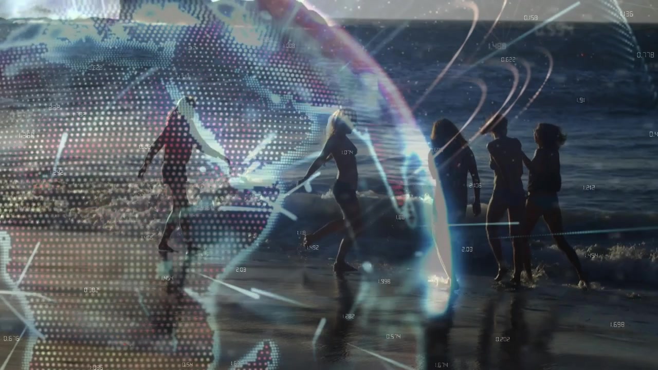 Animation of globe and connections over diverse female friends having fun on beach at sunset
