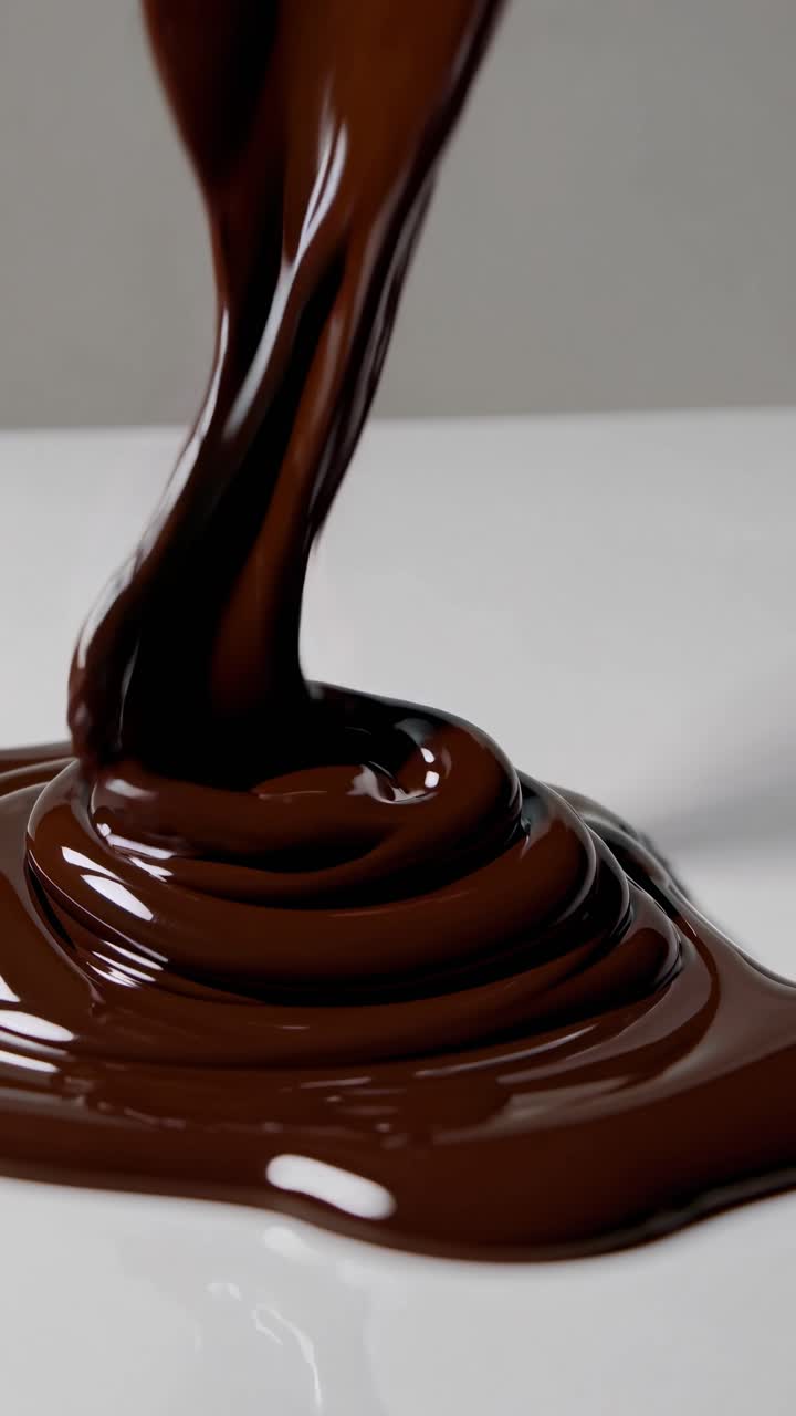 Close-up video of smooth, glossy chocolate pouring onto a white surface, captured from a low angle
