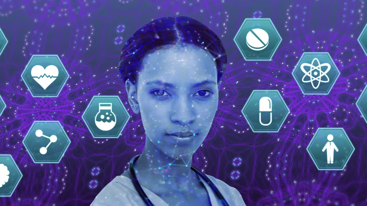 iconos médicos sobre mujeres profesionales de la salud contra un fondo caleidoscópico