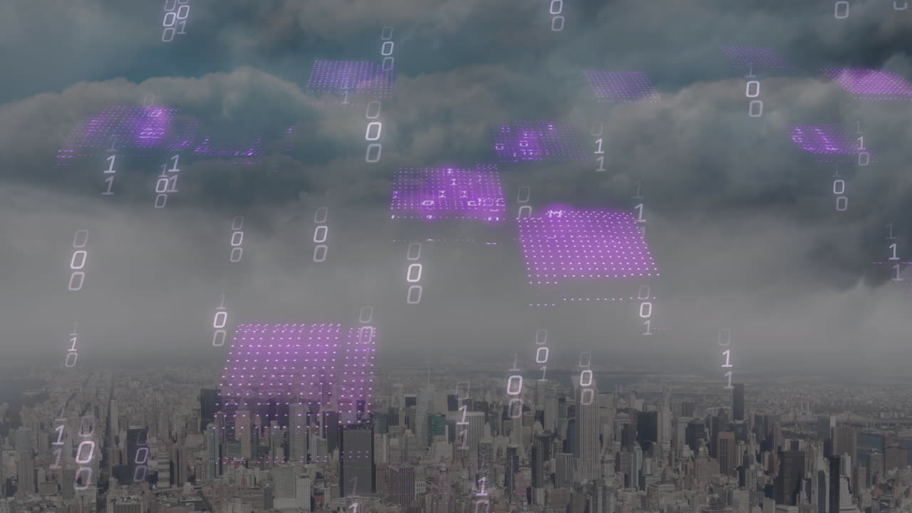 Animation of binary coding over cityscape