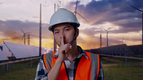 close up of asian male engineer with safety helmet making shh gesture while standing with solar panel and wind turbines