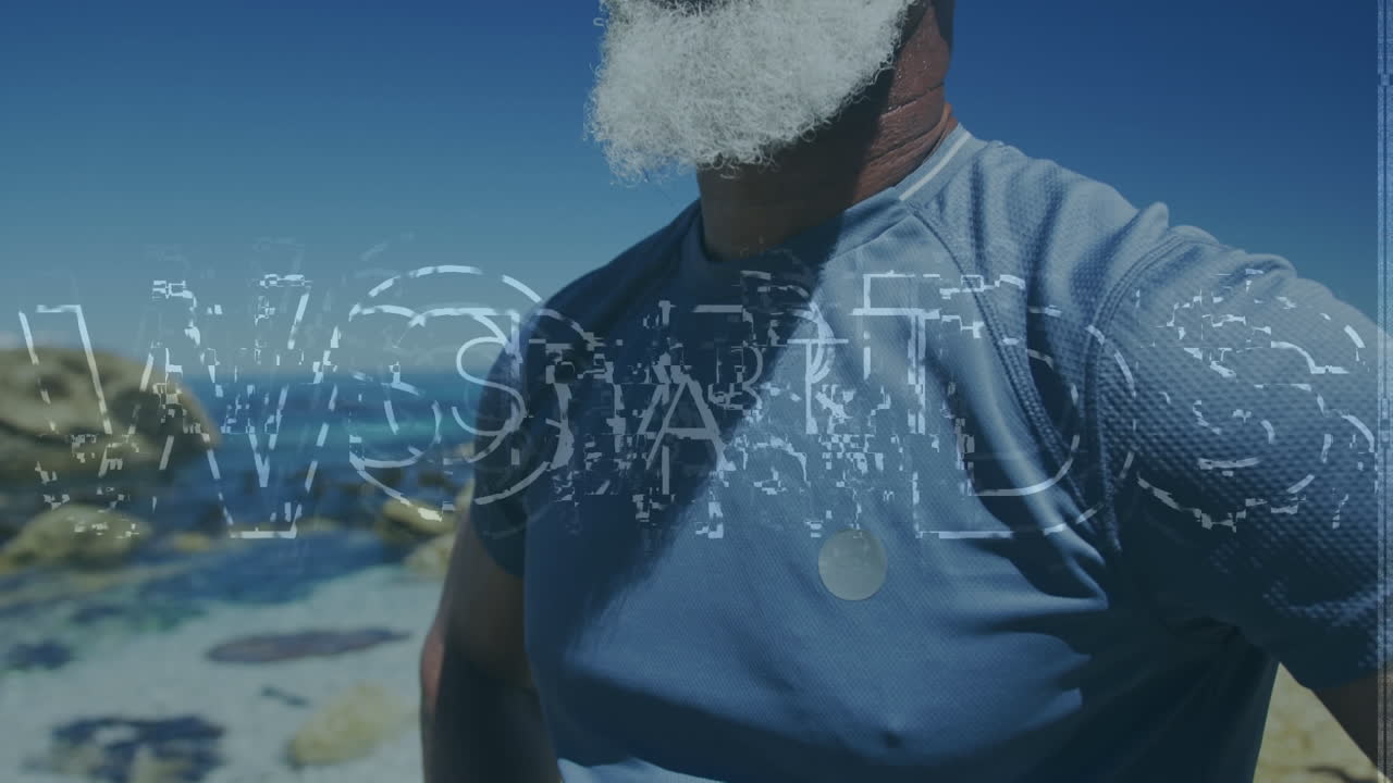 Animation of data processing and motivating texts over african american senior sports man outdoors