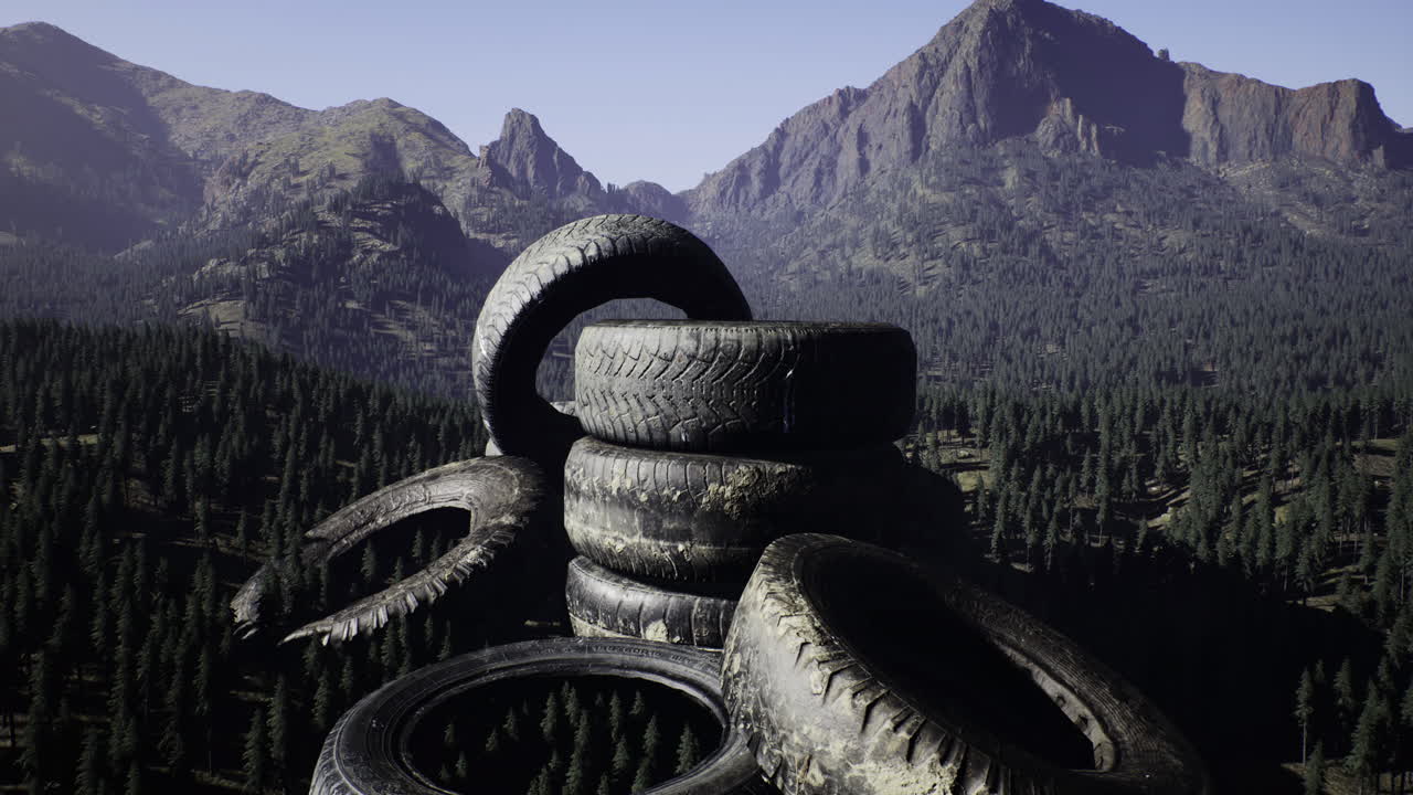 Mountainous landscape features stacked tires amidst pine trees and rocky peaks