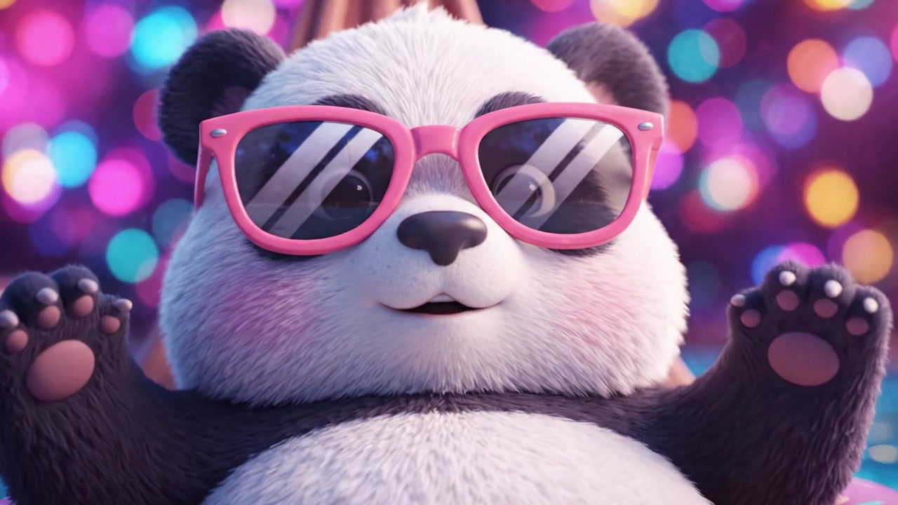Un simpatico panda dei cartoni animati che si gode un momento di relax sotto luci colorate, vestito alla moda con occhiali da sole rosa, che irradia gioia e felicità.