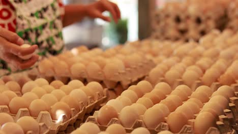 hands sorting eggs at a bustling market