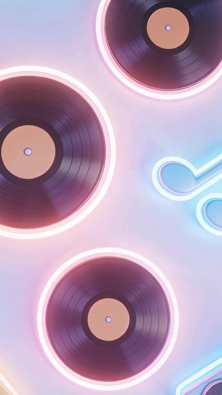Video verticale: Loop che inizia con dischi luminosi e nota al neon che si spostano su parete pastello, creando un loop.