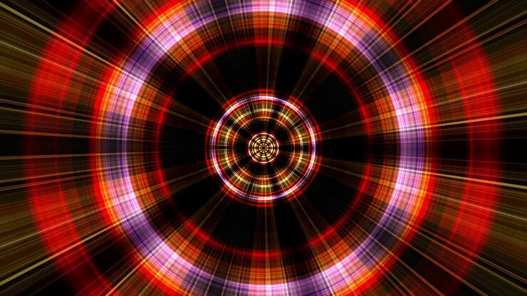 Radial circular abstract multicolored background. 4K Vortex light move in a circle along a circular geometry. Conceptual technology background. Rainbow ring light spectrum. Seamless loop 3d animation.
