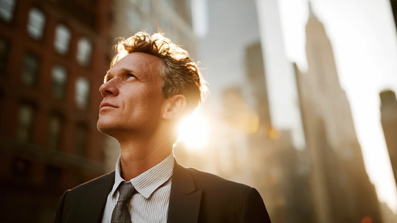 Um Homem Confiante Contempla o Céu Enquanto a Luz Dourada do Sol Banha a Paisagem Urbana, Encarnando Ambição e Esperança em um Ambiente Urbano Vibrante.
