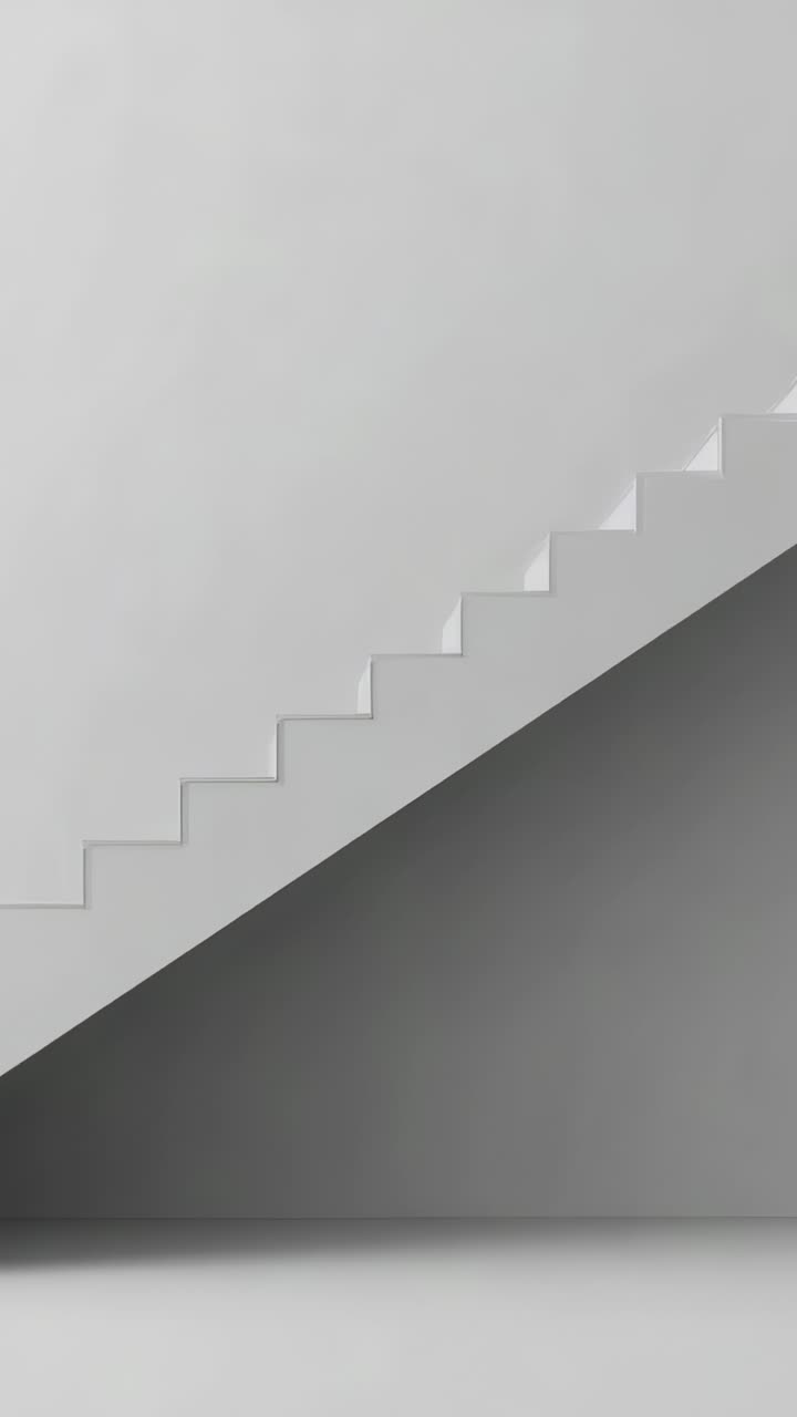 Vídeo vertical: fotogramas que muestran una escalera diagonal con cambios de luz en una pared pálida y un soffit oscuro