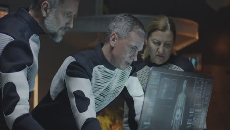 scientists reviewing medical data in a futuristic lab
