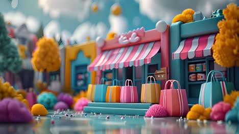 whimsical cartoon shopping street with colorful shops and bags