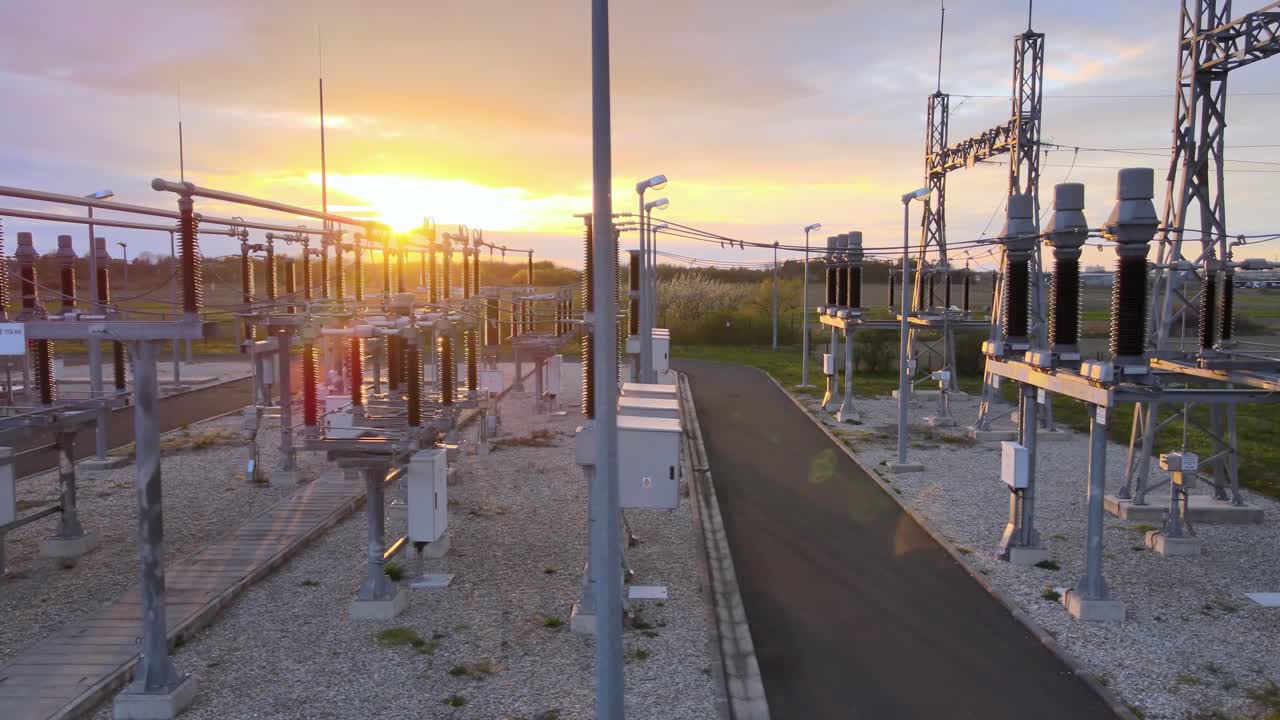 Animated high voltage danger sign on a power distribution station, sunset