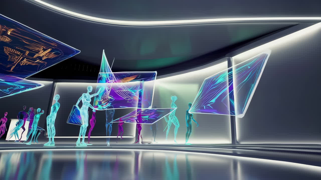 Futuristic Holographic Figures in a Digital Art Space