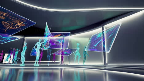 futuristic holographic figures in a digital art space