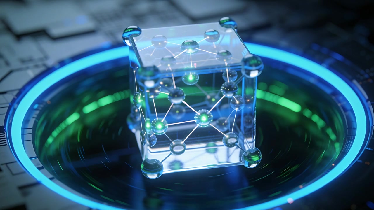 Rotating glass cube with lattice pulsing nodes as lab platform rings pulse, visualizing data flow