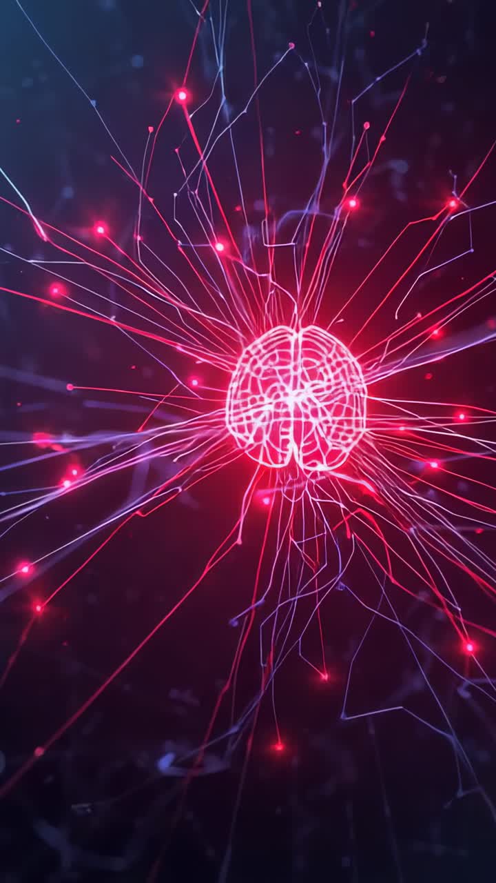 Vertical video: Pulsing neon brain core reacting to pulses in dark void, strands and nodes blinking