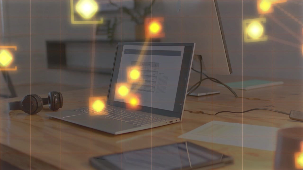 Grid appearing and glowing nodes moving toward laptop, converging on keyboard, visualizing network