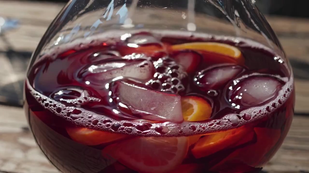 Versare ghiaccio in una brocca di sangria rossa con fette d'arancia su un tavolo di legno