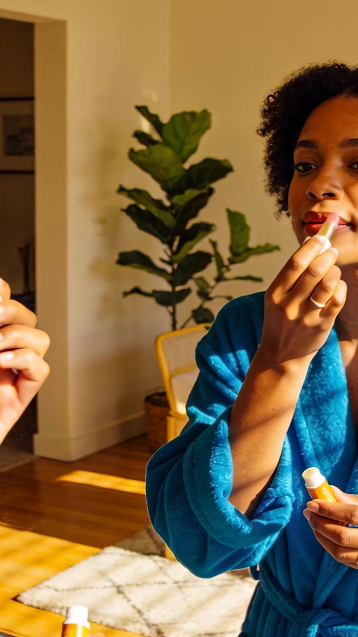 Video vertical: Mujer con bata azul mirándose al espejo, aplicándose lápiz labial, con tapa para un tono uniforme, espacio para texto.