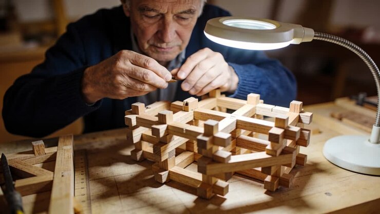 Leaning forward senior man assembling lattice with connectors at bench, using lamp, in blue sweater