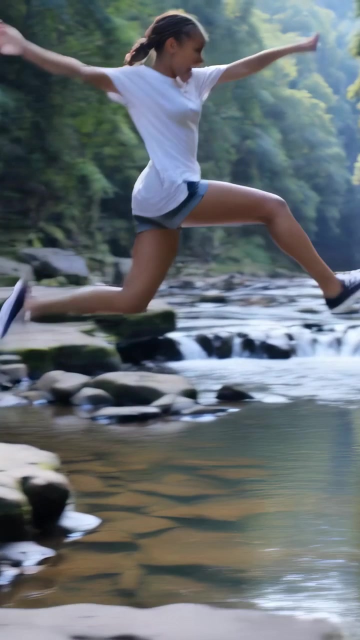 Vertikal video: Løbende pige i T-shirt og shorts kommer fra venstre og forsøger at krydse et stenkløft i en flod, sprøjter vand.