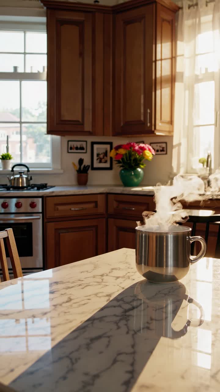 Accogliente scena di cucina con la luce del sole che filtra da una finestra, che evidenzia una tazza fumante su un piano di marmo.