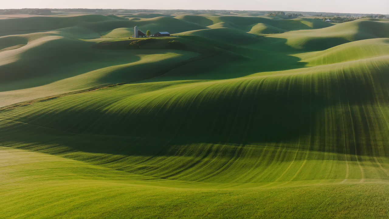 Rolling Green Farmland with a Distant Farmstead