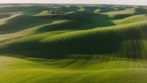 rolling green farmland with a distant farmstead