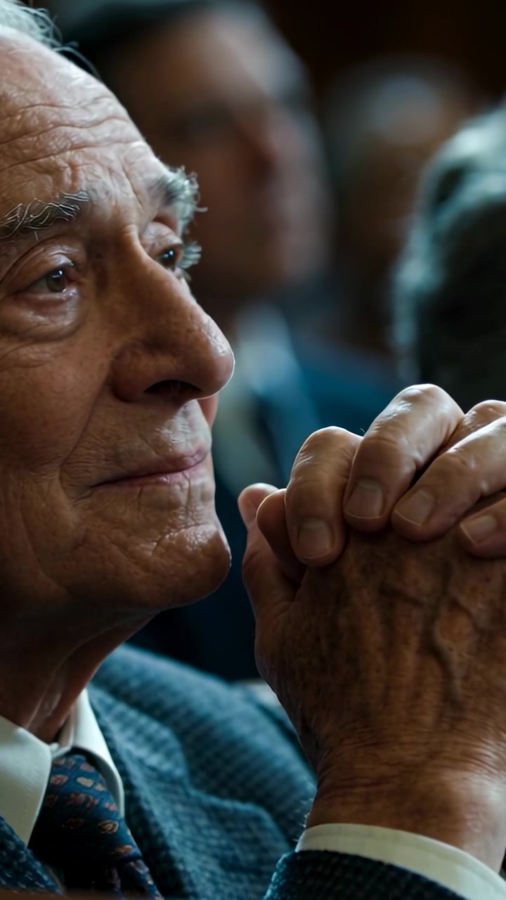 Vertical video: Listening senior man holding hands by chin while speaker speaking in wood hall, tie