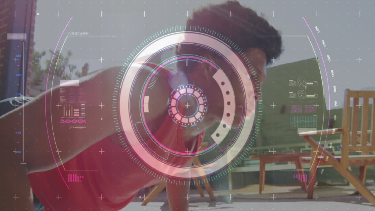 Using futuristic digital interface, person working outside on project with laptop