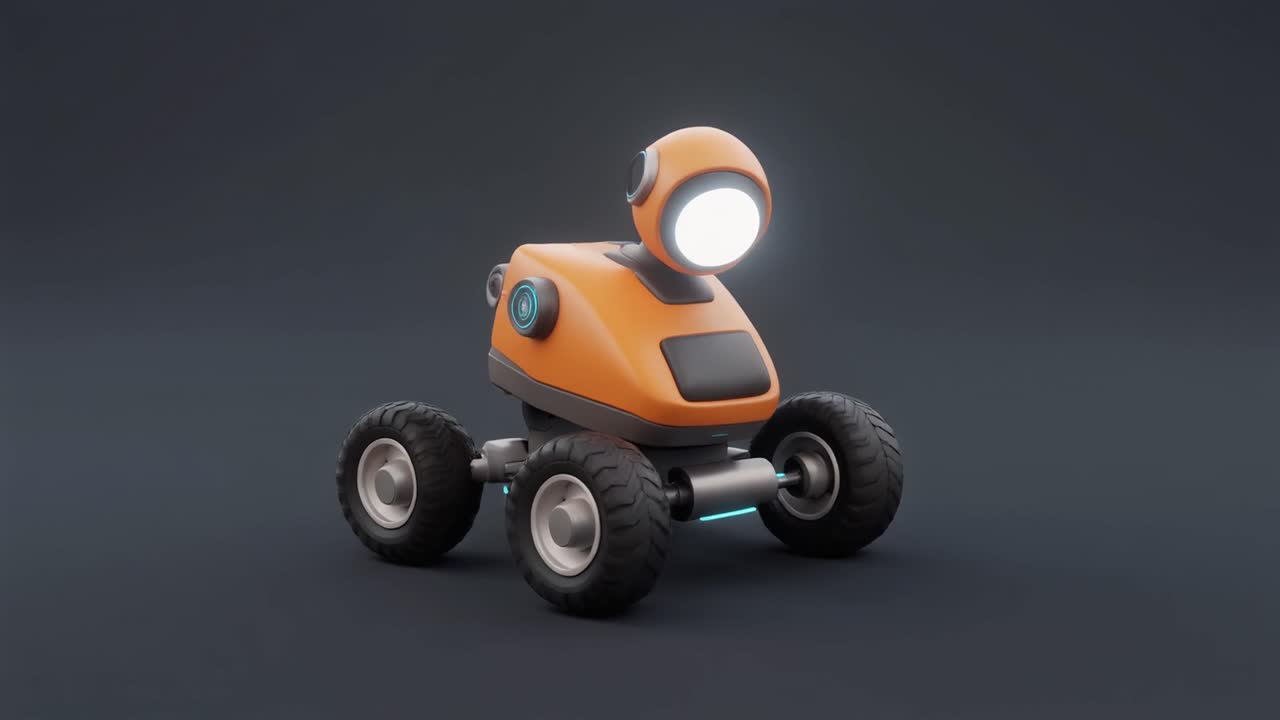 Oranžový robotický rover se zářící hlavou a koly