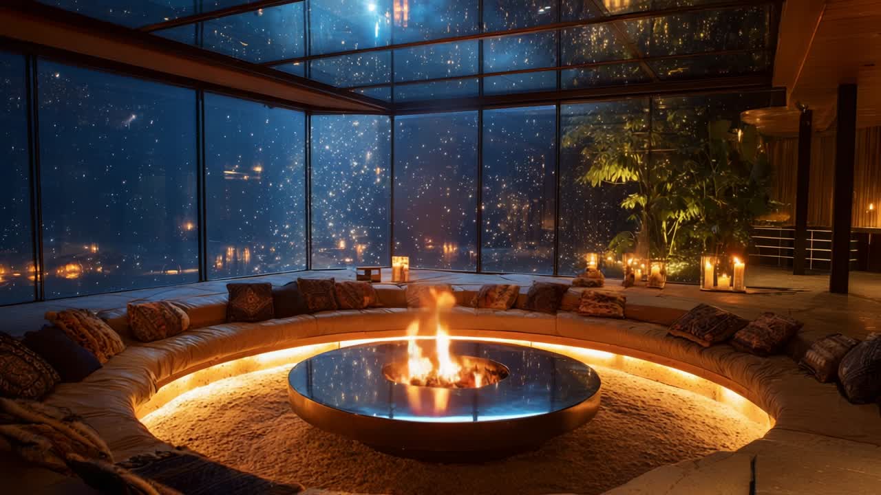 A Cozy, Elegant Retreat Featuring a Central Fire Pit Surrounded by Comfortable Seating and Atmospheric Lighting, Perfect for Relaxation and Serenity on a Tranquil Evening