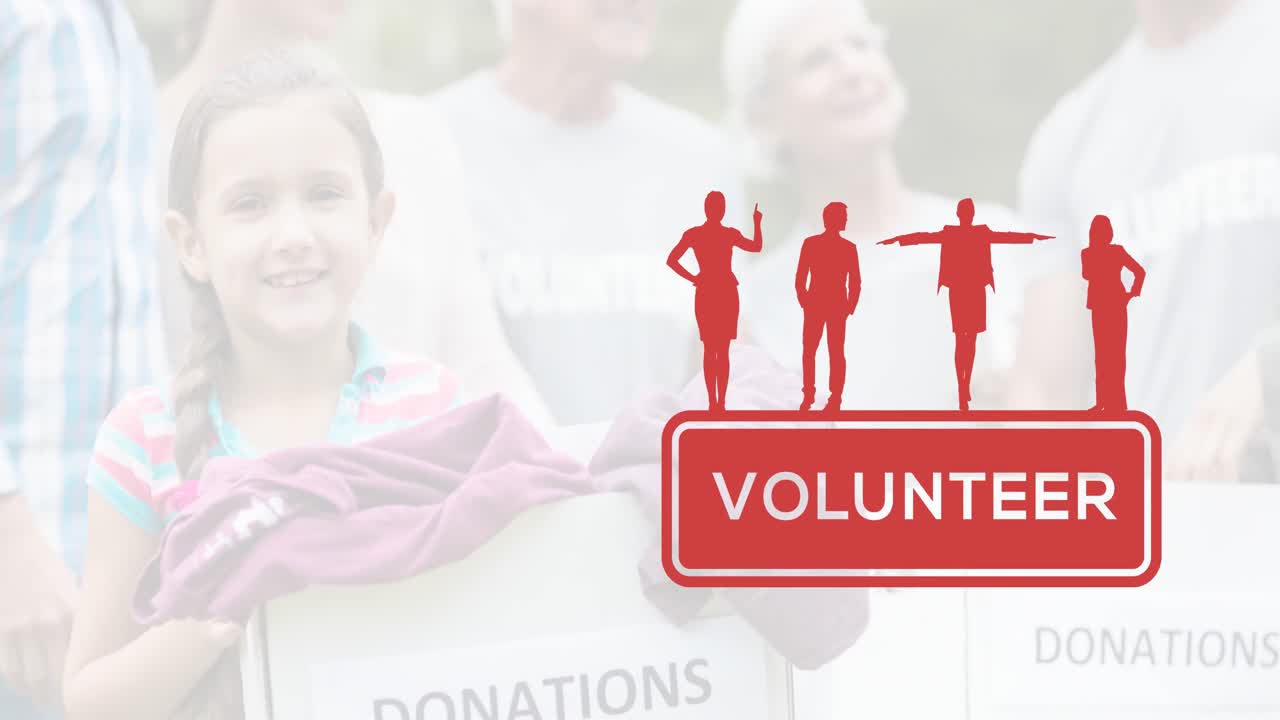 다양한 자원봉사자 그룹의 애니메이션을 자원봉사자 텍스트에 대해