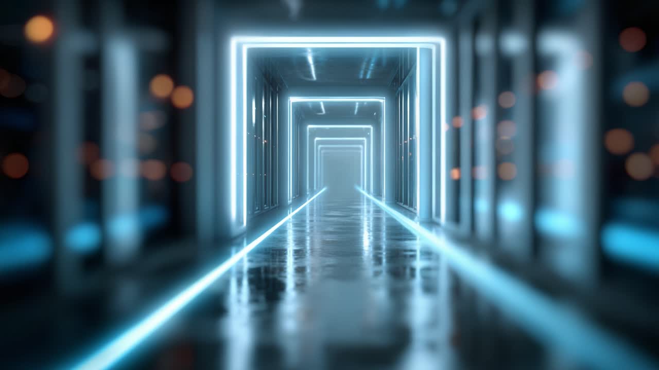 Corridoio illuminato con pavimento bagnato riflettente e accenti di luci al neon crea un ambiente coinvolgente e futuristico, guidando lo sguardo verso una fine incerta