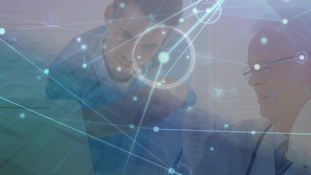 Animation of connections over caucasian male doctors
