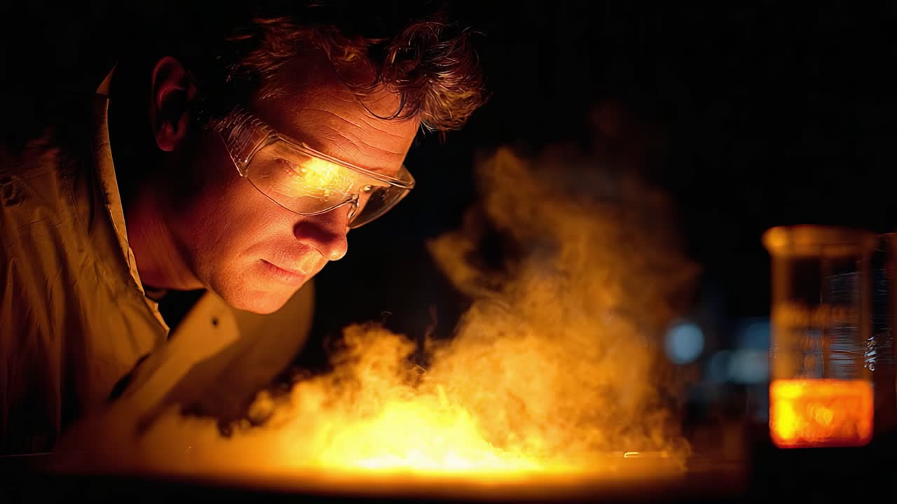 A focused scientist investigates a glowing reaction, surrounded by vibrant colors and mysterious smoke, showcasing the wonders of chemistry in an intriguing scientific exploration