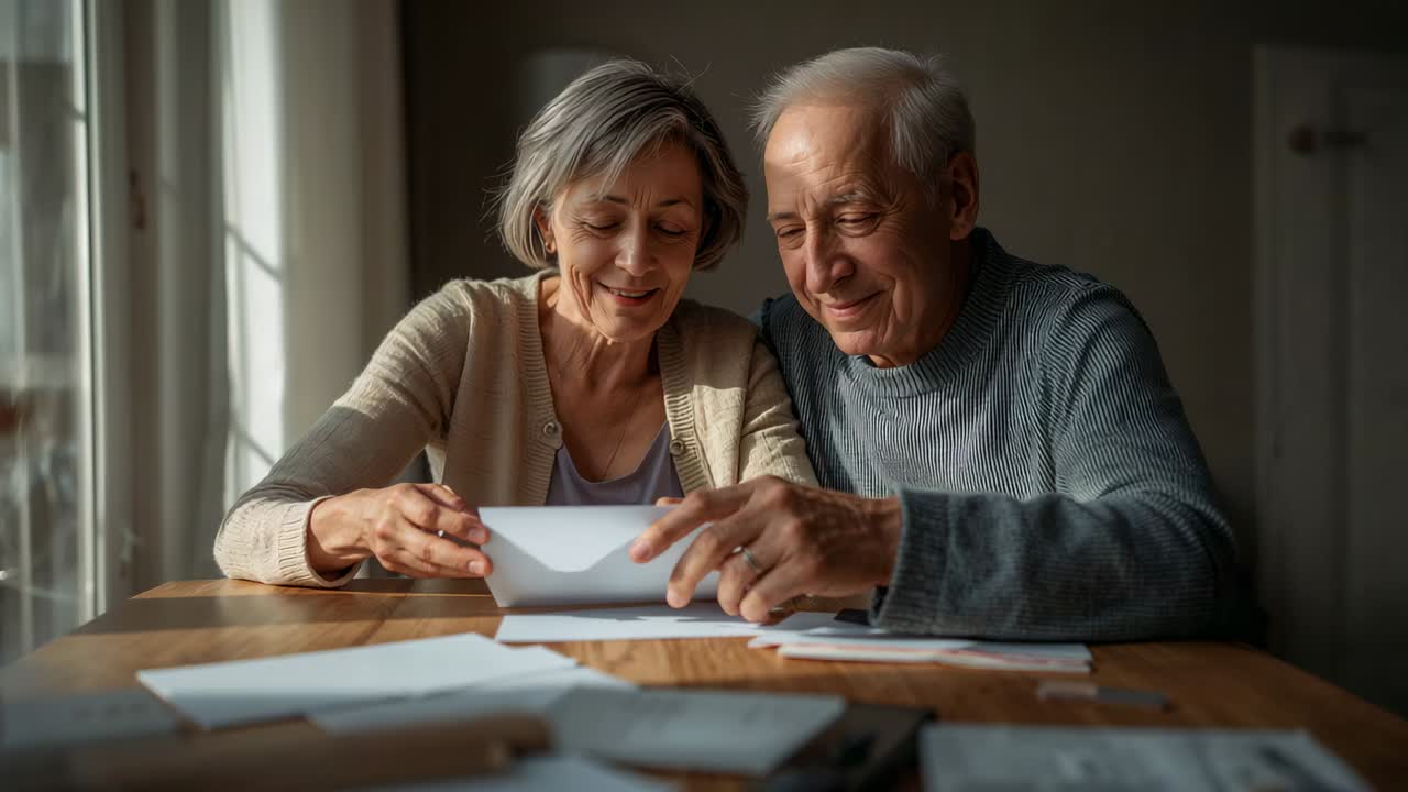 Casal sênior se inclinando, virando e lendo um envelope branco em uma mesa de casa, separando correspondências