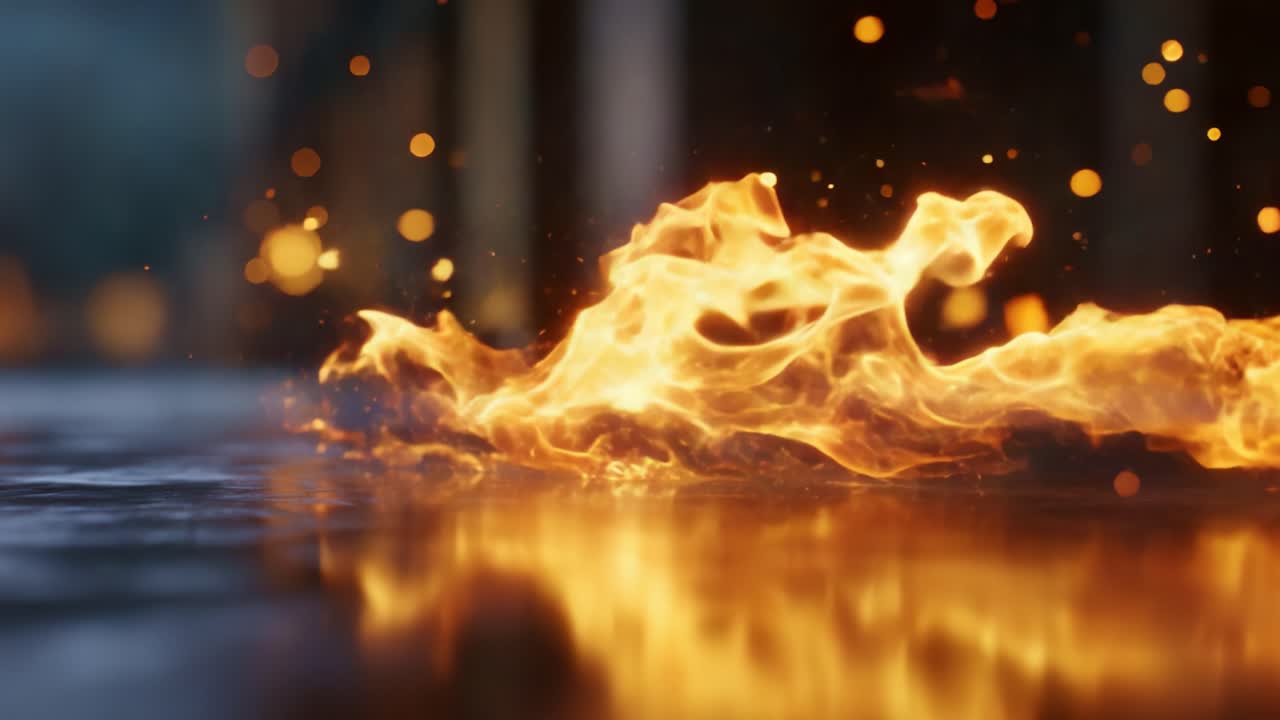 Vibrant Flames Dancing on a Reflective Surface, Capturing the Essence of Fire's Motion with Glimmering Sparks and Glowing Embers in a Mesmerizing Display