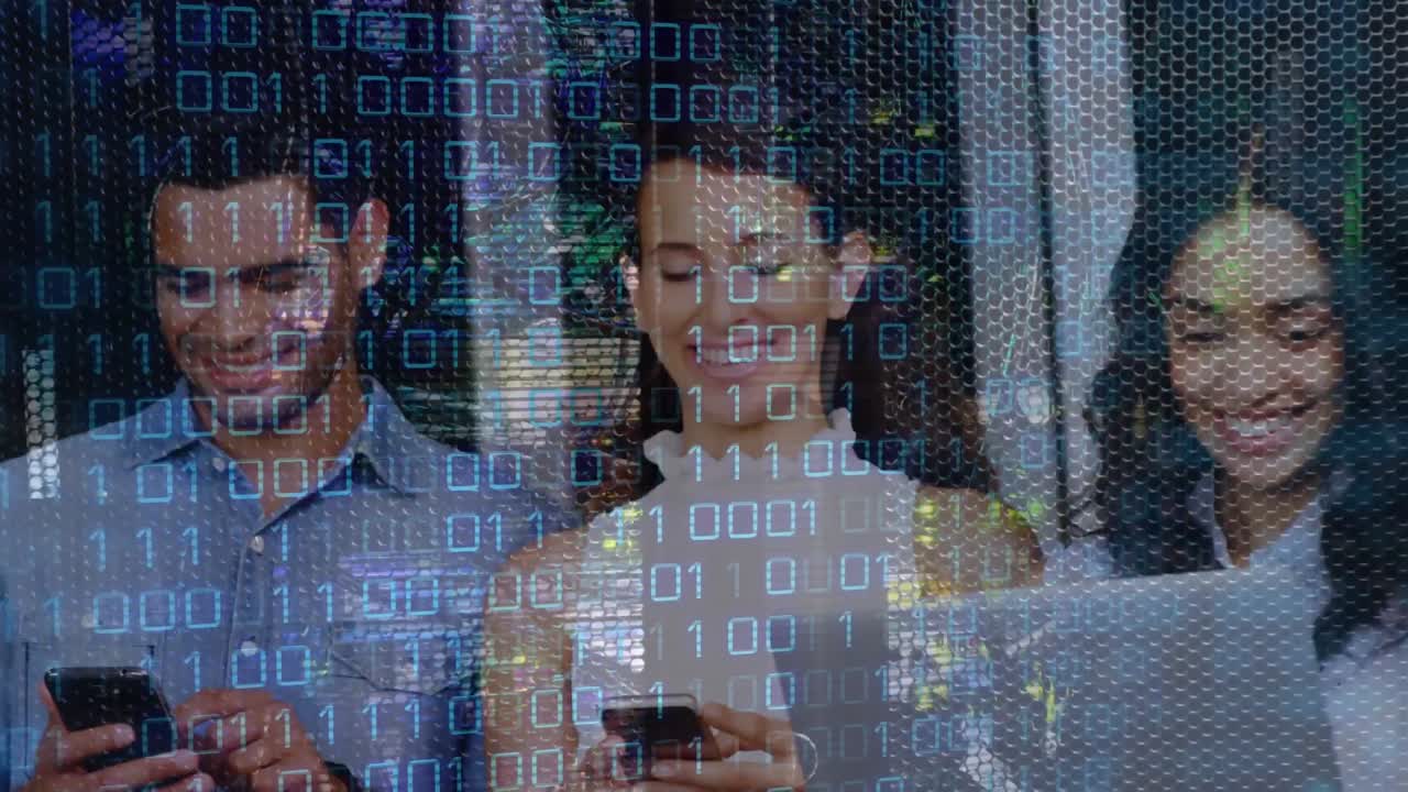 Animation of binary coding over business people using phone headsets