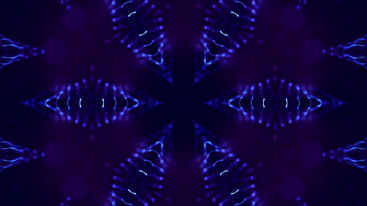 4k looped sci-fi 3d background with glow blue particles form lines, surfaces, complex symmetrical structures like star in kaleidoscope. Abstract theme of microworld or nanotechnology 33