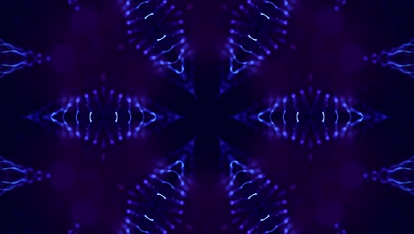 4k looped sci-fi 3d fondo con partículas azules brillantes forman líneas, superficies, estructuras simétricas complejas como estrellas en el caleidoscopio. tema abstracto de microworld o nanotecnología 33
