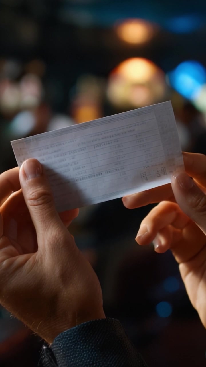 Detailed shot of a person's hands holding a document that appears to be a ticket or receipt, showcasing embossed text and intricate details, set in a blurred background.