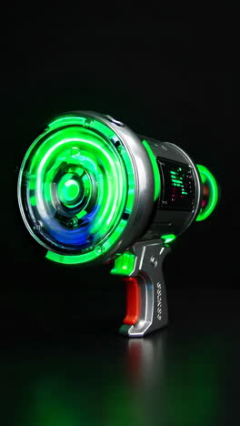 futuristic toy blaster with changing colorful led lights on black background