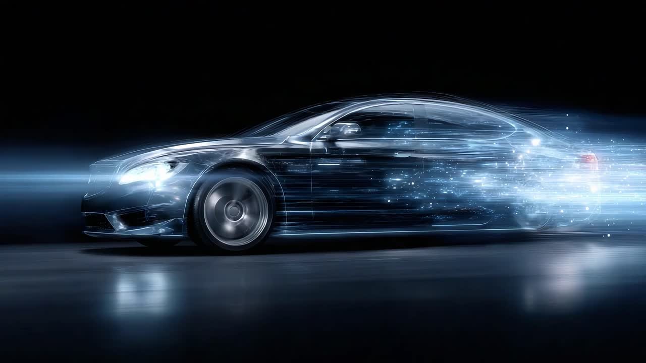 A stunningly sleek black car accelerates into the night, trailing luminous streams of light that evoke a sense of speed and futuristic technology in a dynamic scene