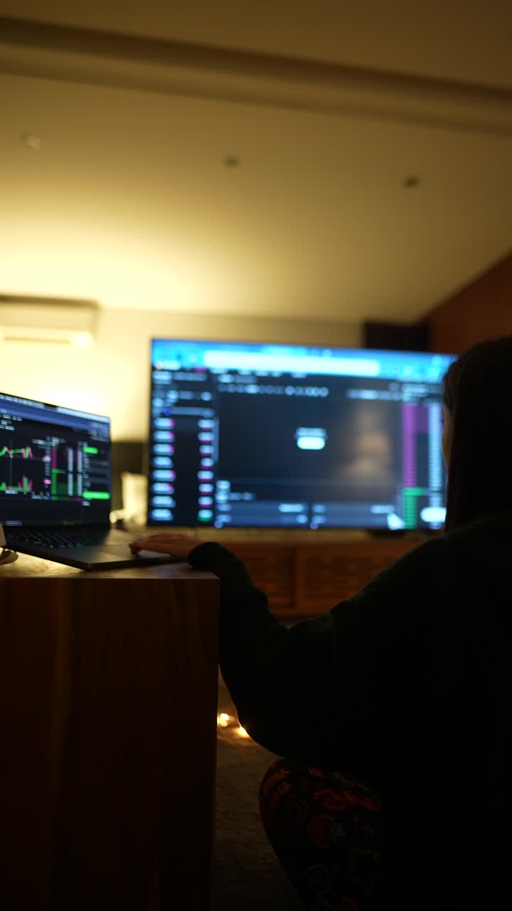 mujer que trabaja desde casa por la noche en comercio y finanzas