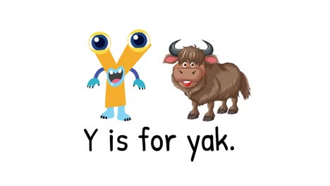 playful animation of the letter y transforming into a character alongside a yak on a white background