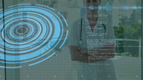 doctor in hospital with digital data and circular technology animation overlay