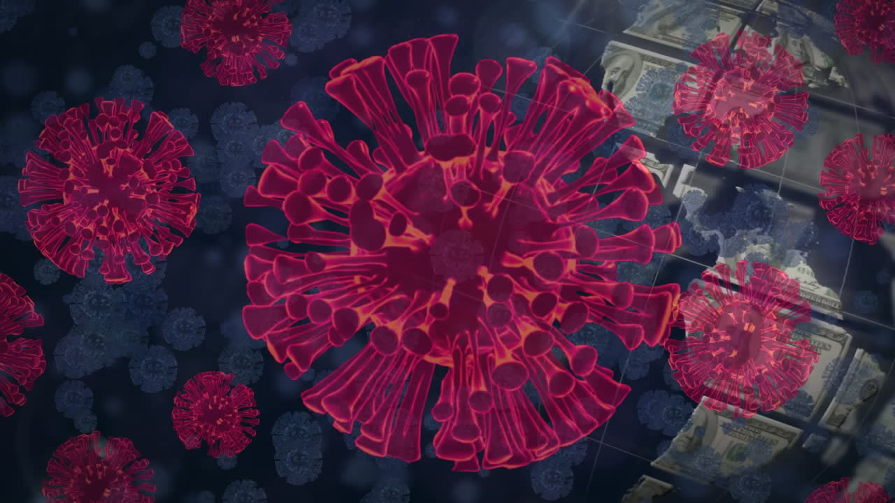 animación de células macro covid-19 flotando por el globo con continentes hechos de billetes de dólares estadounidenses