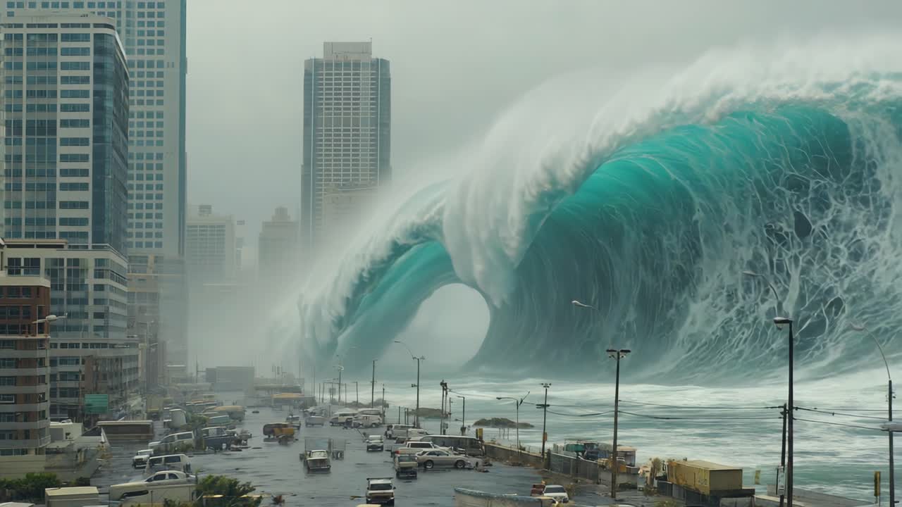 Tsunami hitting a city