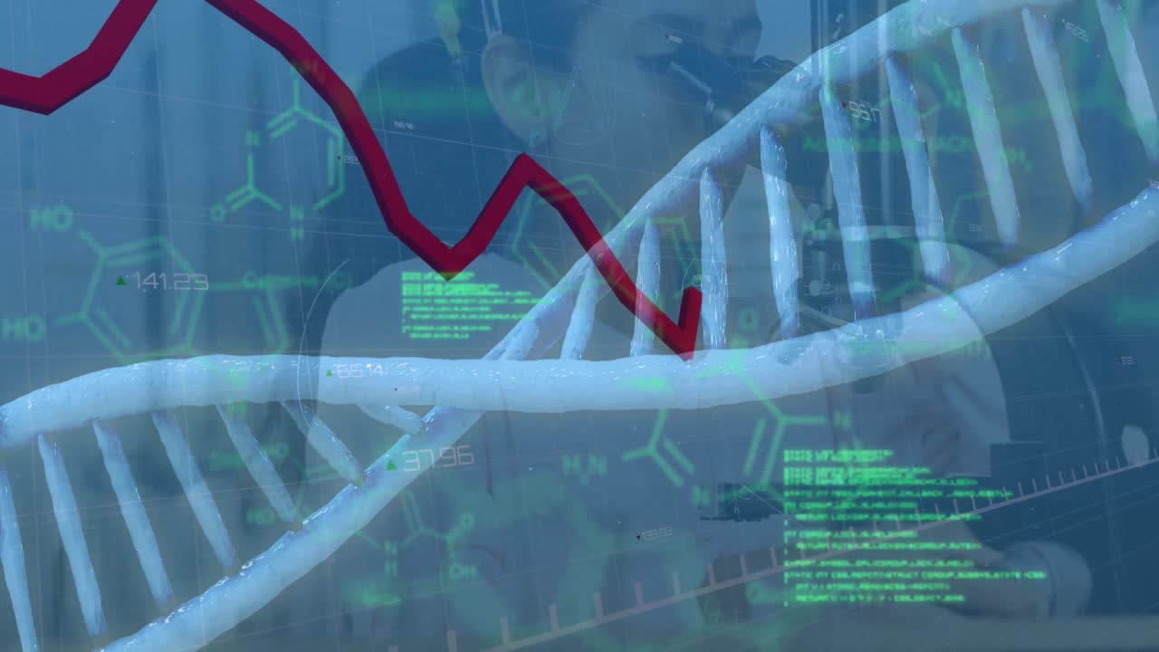 데이터 처리 및 dna 스트랜드의 애니메이션을 현미경으로 사용하는 두 인종 소녀